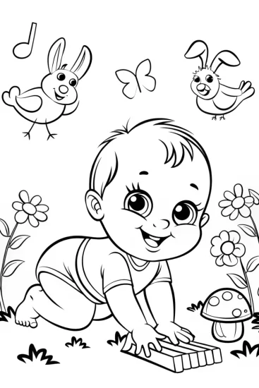 A coloring page of Baby’s joyful music garden quest coloring page