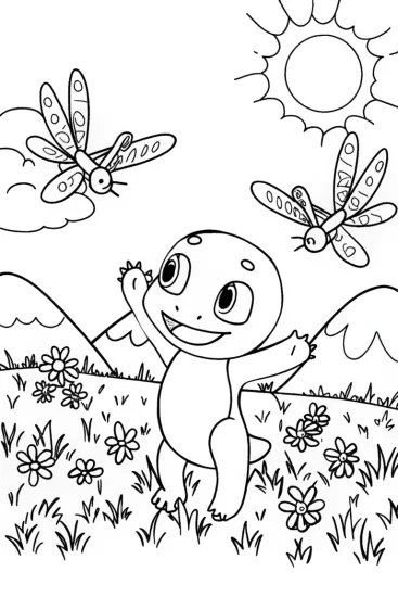 A coloring page of Charmander’s Dragonfly Dance Coloring Page