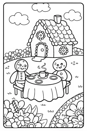 A coloring page of Gingerbread Friends’ Festive Tea Party Coloring Page