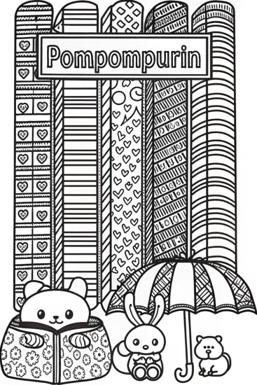 A coloring page of Pompompurin’s Cozy Book Nook Coloring Page