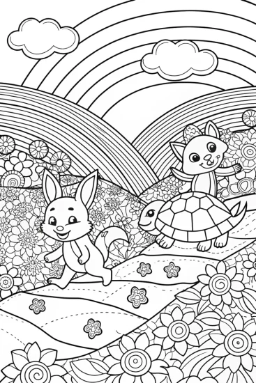 A coloring page of Rainbow Hike Adventure Coloring Page