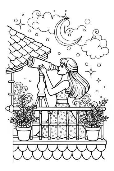 A coloring page of Barbie gazing at the starlit sky coloring page
