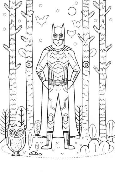 A coloring page of Batman in a Magical Tech Forest Coloring Page