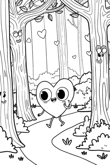 A coloring page of Cheerful Heart’s Adventure in a Magical Forest