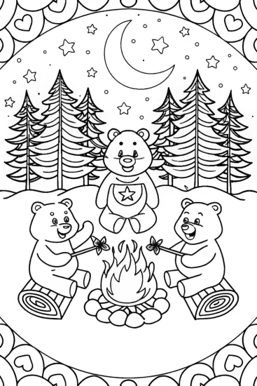 A coloring page of Care Bears Cozy Campfire Night Coloring Page