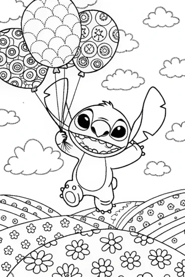 A coloring page of Stitch’s Whimsical Balloon Adventure Coloring Page