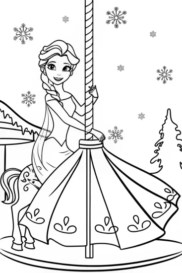 A coloring page of Elsa and the Enchanted Ice Carousel Coloring Page