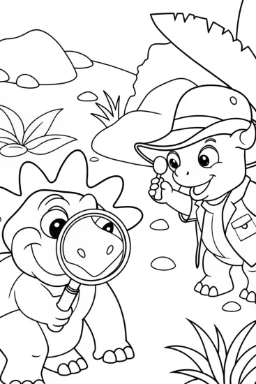 A coloring page of Triceratops and Parasaurolophus Detective Coloring Page