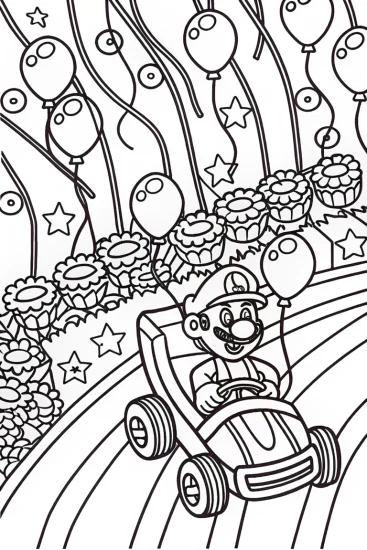 A coloring page of Mario Kart Parade Coloring Page