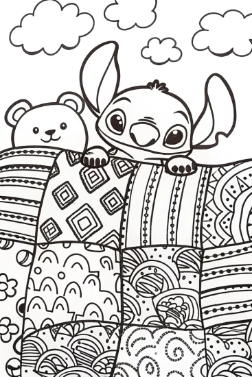 A coloring page of Stitch’s Cozy Quilt Adventure Coloring Page