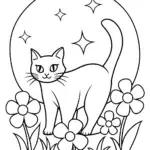 Shadow the Cat in a Moonlit Garden Coloring Page