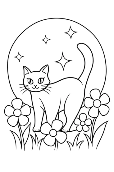 A coloring page of Shadow the Cat in a Moonlit Garden Coloring Page