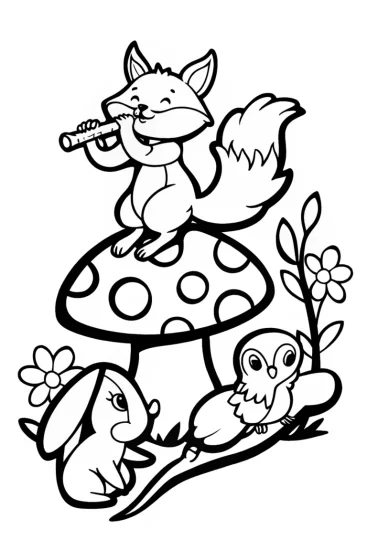 A coloring page of Springtime Serenade with Fox, Owl, and Rabbit