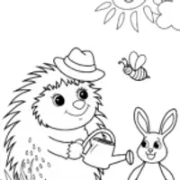 Hedgehog and Bunny Gardening Coloring Page