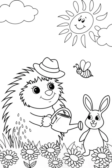 A coloring page of Hedgehog and Bunny Gardening Coloring Page