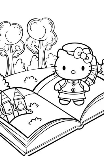 A coloring page of Hello Kitty’s Enchanted Book Adventure Coloring Page