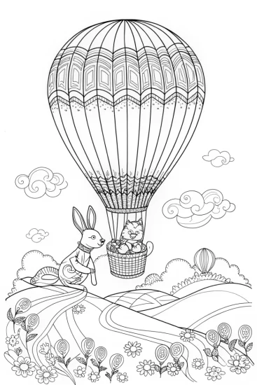 A coloring page of Rainbow Hot Air Balloon Adventure Coloring Page