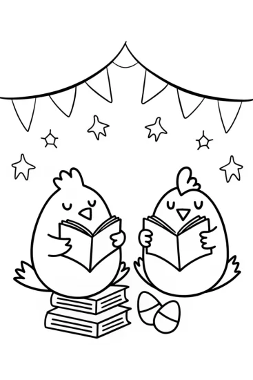A coloring page of Chickens at the Book Fair Coloring Page