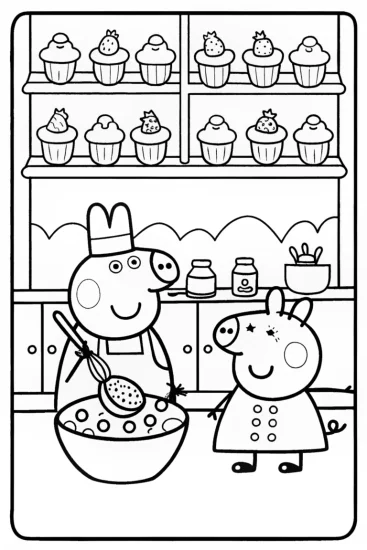 A coloring page of Peppa Pig’s Magical Bakery Coloring Page