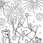 Fox and Bear Firework Festival Coloring Page