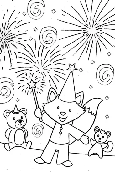 A coloring page of Fox and Bear Firework Festival Coloring Page