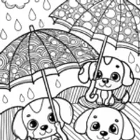 Puppy Parade with Rainbow Umbrellas Coloring Page