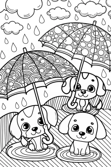 A coloring page of Puppy Parade with Rainbow Umbrellas Coloring Page