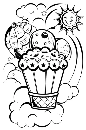 A coloring page of Ice Cream Adventure in Dreamland Coloring Page