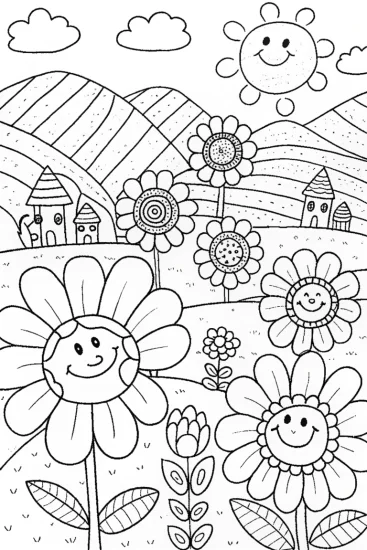 A coloring page of Whimsical Flower Kingdom Coloring Page