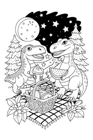 A coloring page of Dino Diners Under the Stars Coloring Page