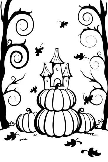 A coloring page of Whimsical Autumn Castle Coloring Page