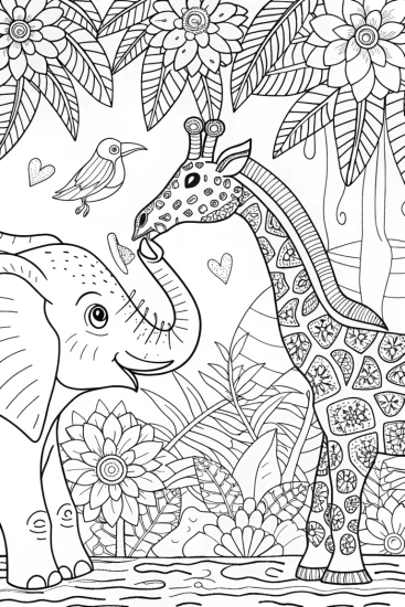 A coloring page of Summer Safari Adventure with Elephant and Giraffe