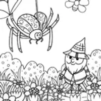 Whimsical Spider and Garden Gnome Coloring Page
