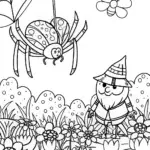 Whimsical Spider and Garden Gnome Coloring Page