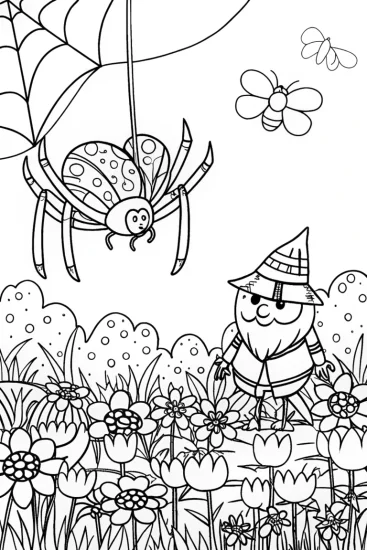 A coloring page of Whimsical Spider and Garden Gnome Coloring Page