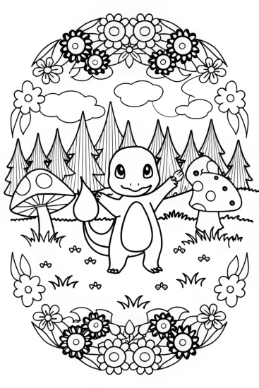 A coloring page of Charmander’s Elemental Dance Coloring Page