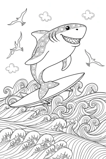 A coloring page of Shark Surfing in the Sun Coloring Page