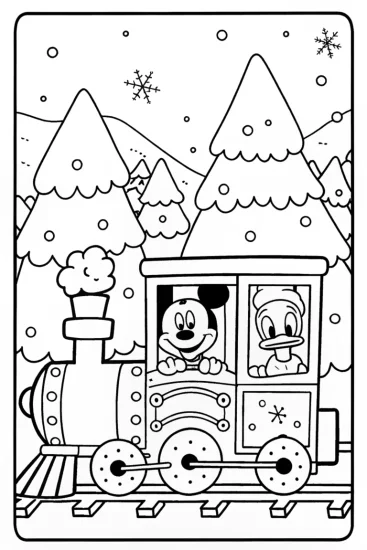 A coloring page of Mickey Mouse Christmas Train Ride Coloring Page