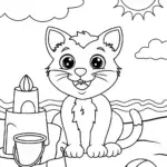 Sandy the Cat’s Beach Sandcastle Coloring Page