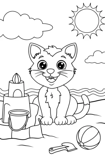 A coloring page of Sandy the Cat’s Beach Sandcastle Coloring Page