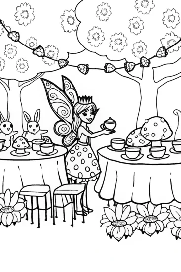 A coloring page of Fairy Tea Party Coloring Page