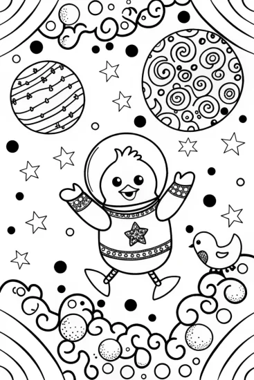 A coloring page of Chick’s Magical Space Dance Party Coloring Page
