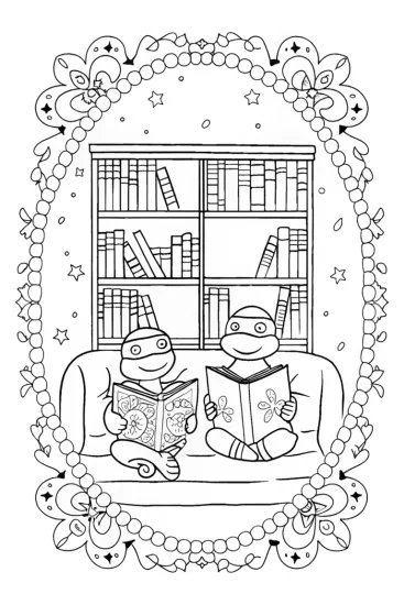 A coloring page of TMNT Cozy Bookstore