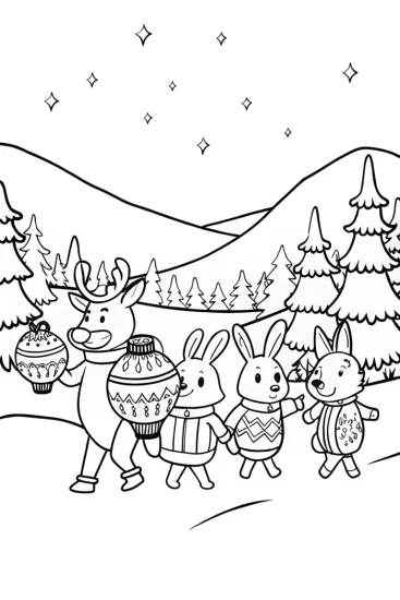 A coloring page of Woodland Animals Lantern Festival Coloring Page