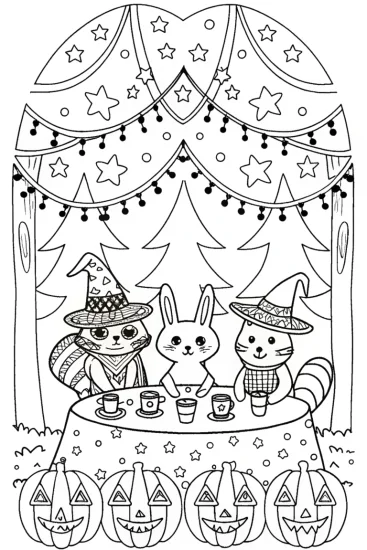 A coloring page of The Enchanted Halloween Tea Party Coloring Page