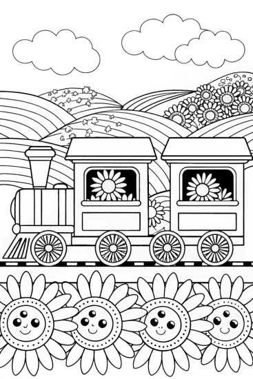 A coloring page of The Whimsical Flower Train Coloring Page