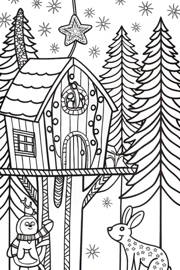 A coloring page of Christmas Treehouse Adventure Coloring Page
