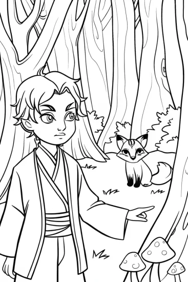 A coloring page of Demon Slayer and Kitsune Spirit Coloring Page