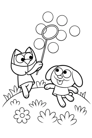 A coloring page of Bluey and Bingo’s Magical Bubble Adventure Coloring Page