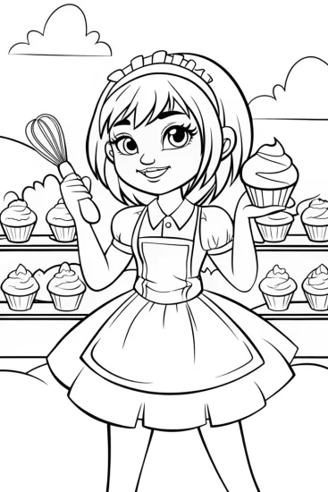 A coloring page of Cupcake Chic in her whimsical bakery